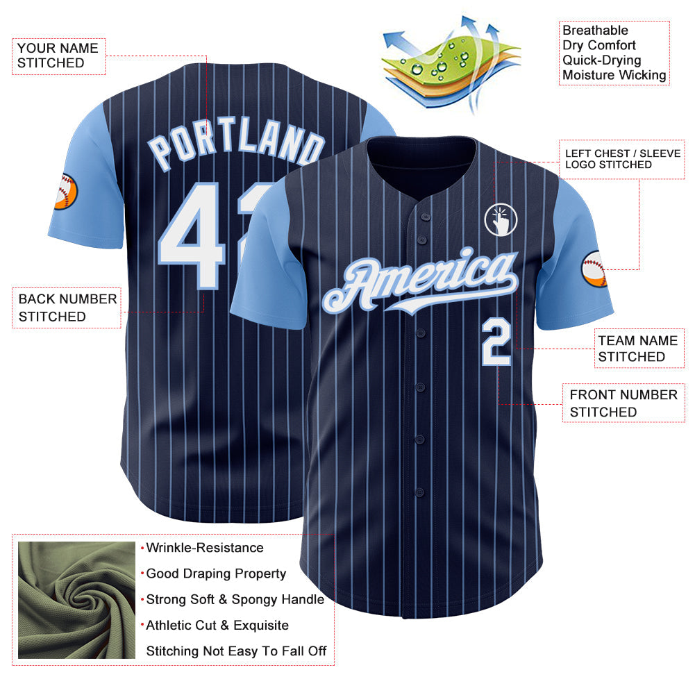 Custom Navy Light Blue Pinstripe White Authentic Two Tone Baseball Jersey
