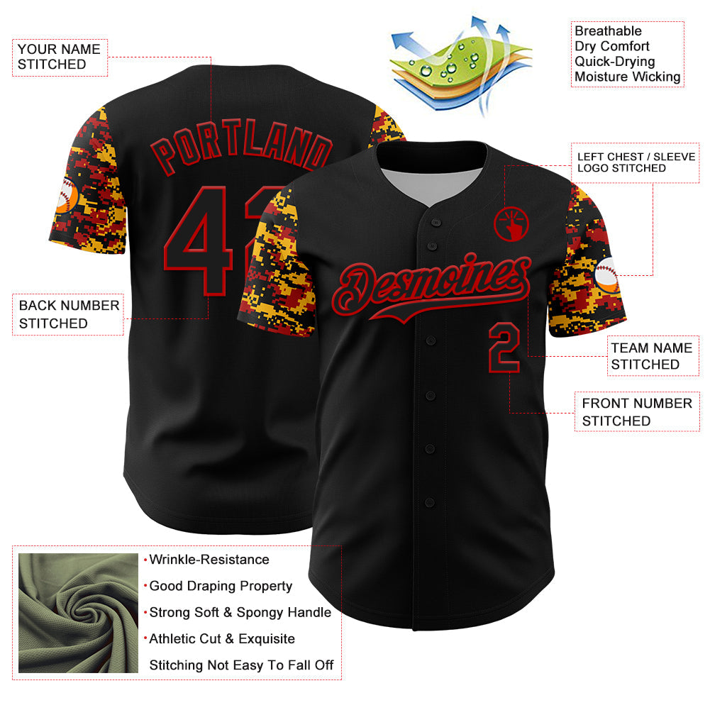 Custom Black Red-Gold Digital Camo Two Tone Authentic Baseball Jersey