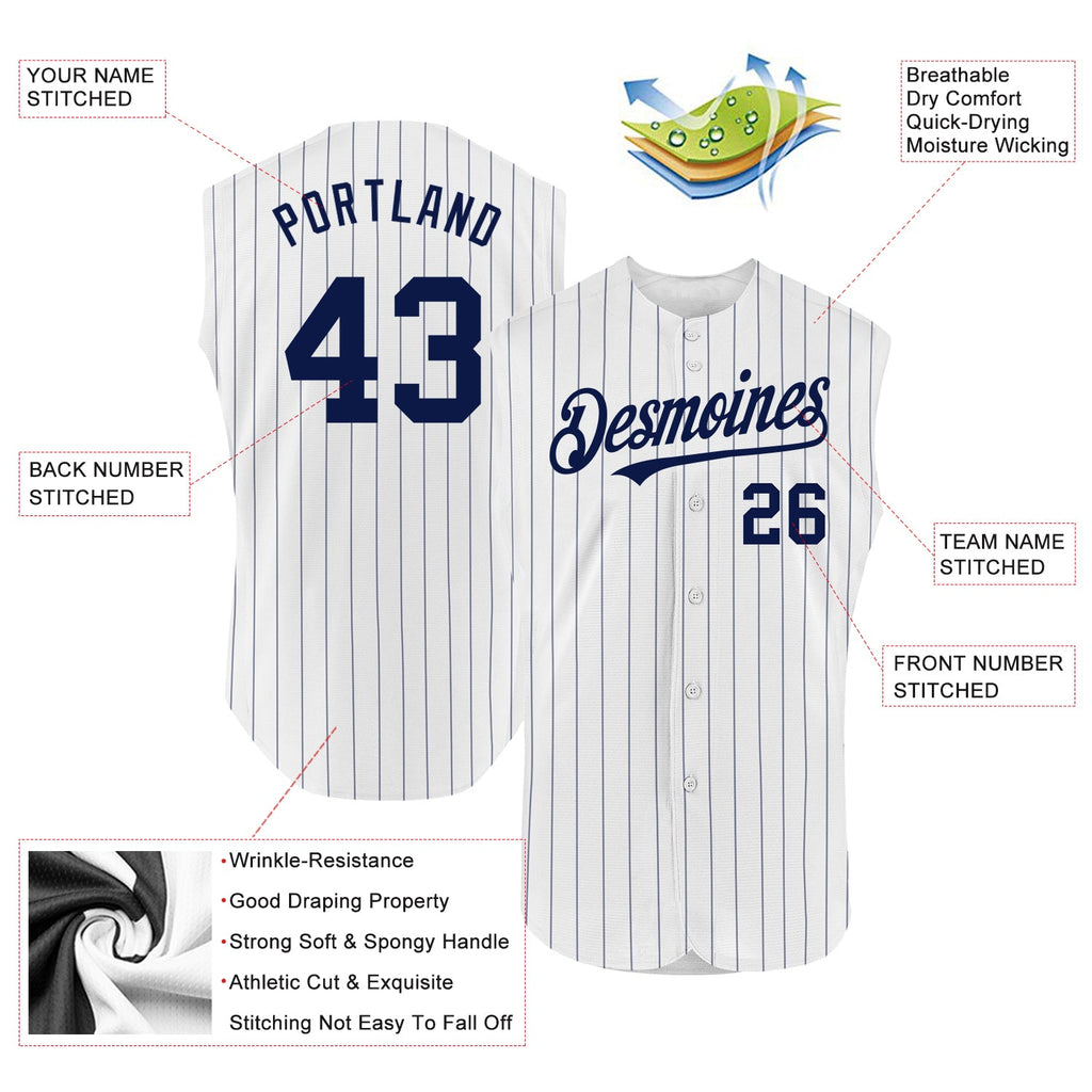 Custom White Navy Pinstripe Navy Authentic Sleeveless Baseball Jersey