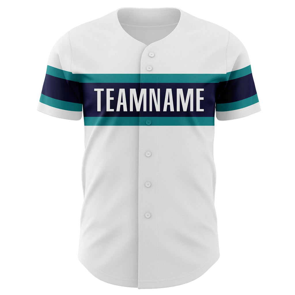 Custom White Teal-Navy Authentic Baseball Jersey