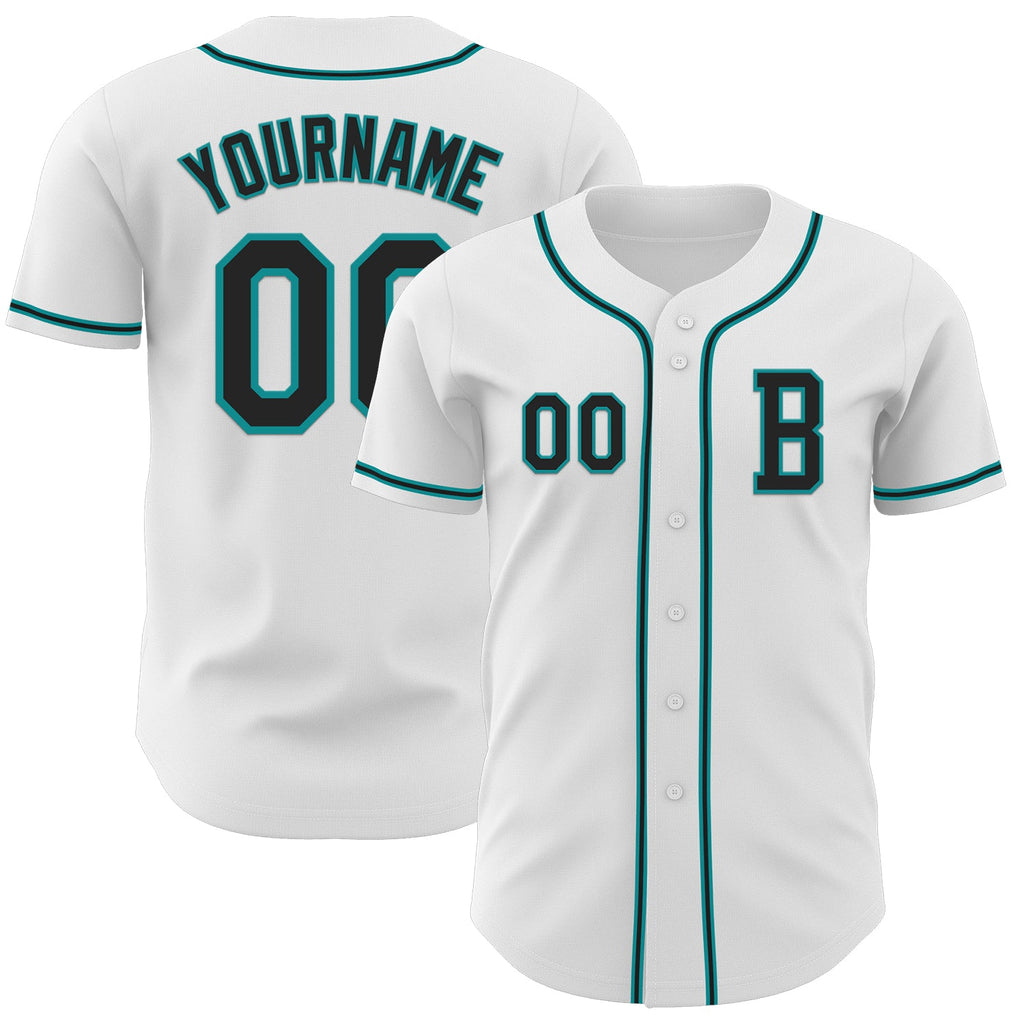 Custom White Black-Teal Authentic Baseball Jersey