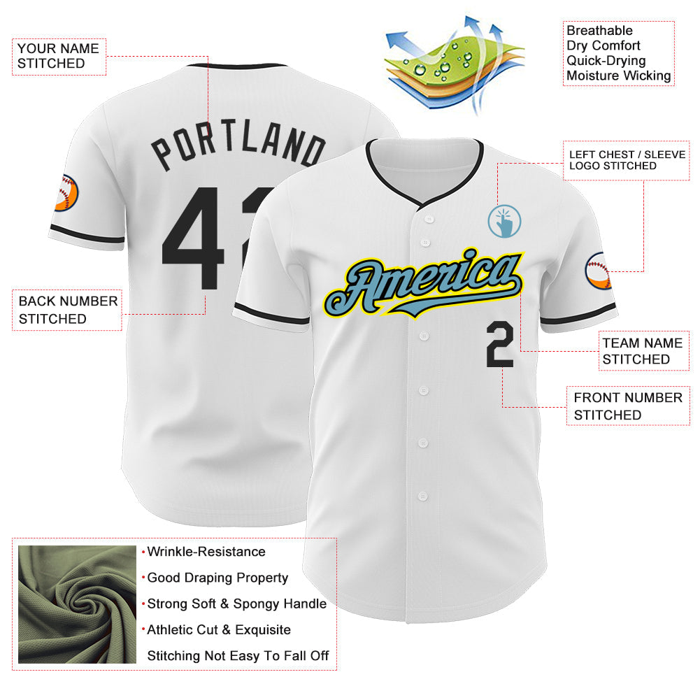 Custom White Black Shadow Blue-Light Yellow Authentic Baseball Jersey
