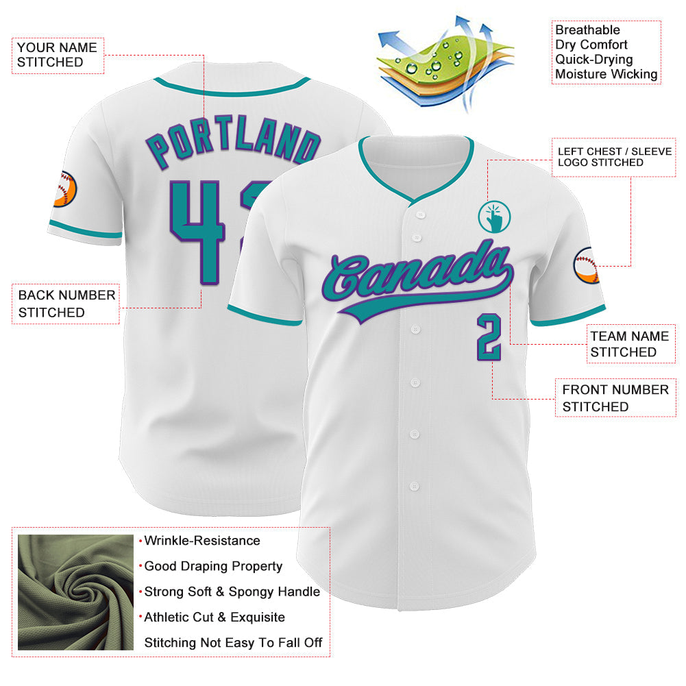 Custom White Teal-Purple Authentic Baseball Jersey