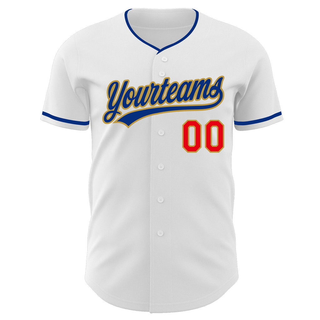 Custom White Fire Red Royal-Old Gold Authentic Baseball Jersey