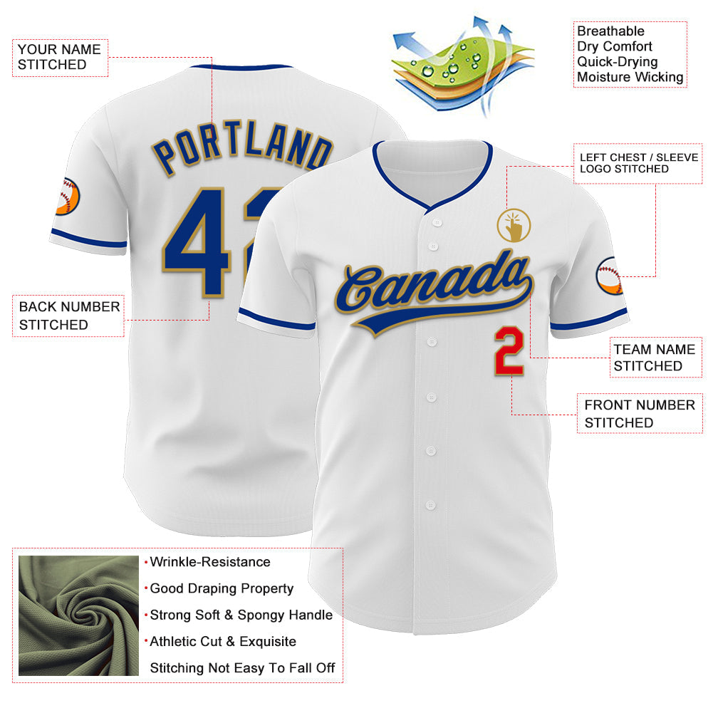 Custom White Fire Red Royal-Old Gold Authentic Baseball Jersey