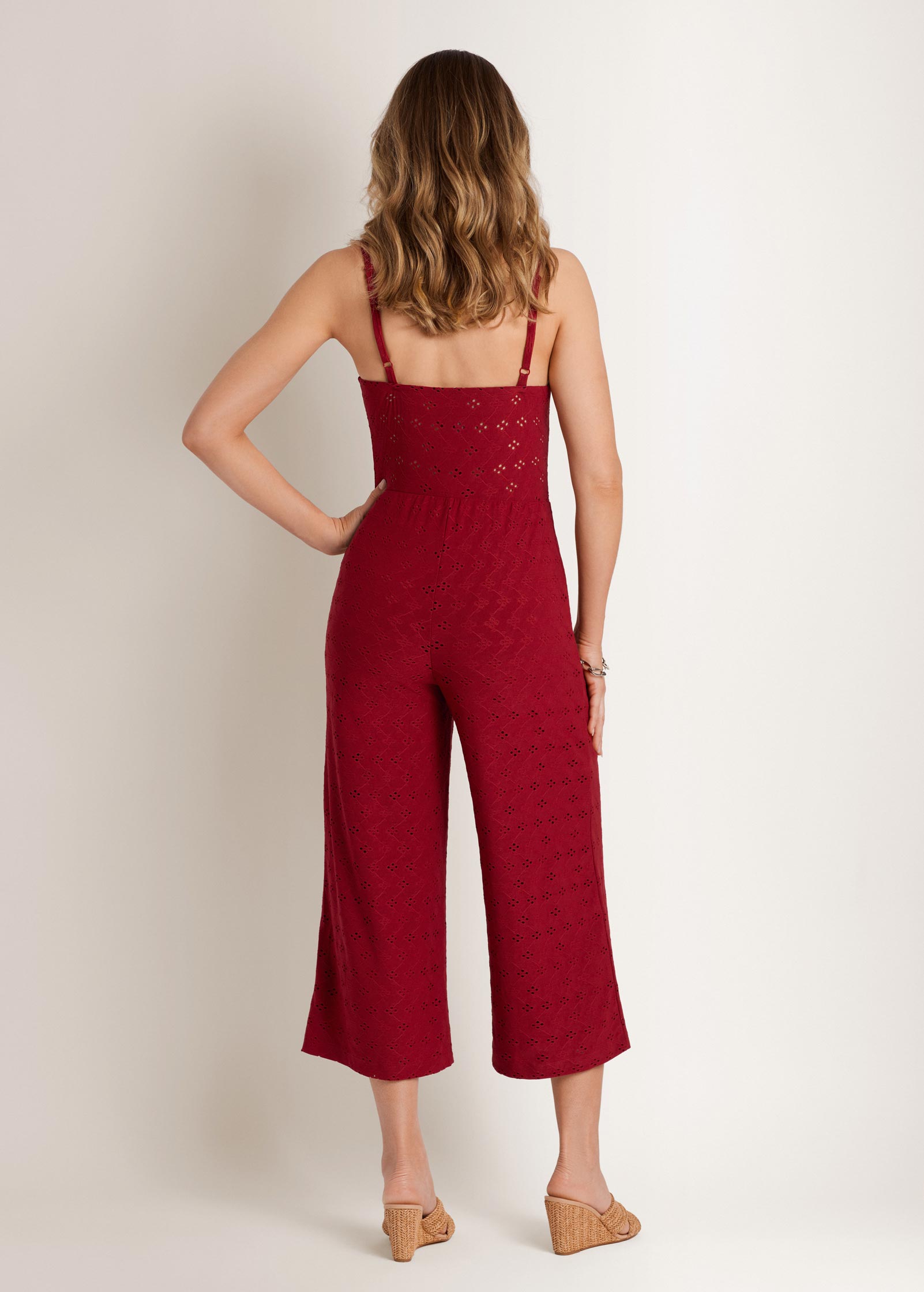 Knit Eyelet Jumpsuit - Red