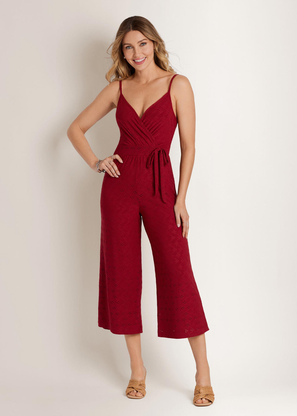 Knit Eyelet Jumpsuit - Red