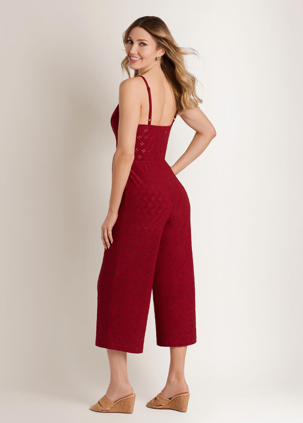 Knit Eyelet Jumpsuit - Red
