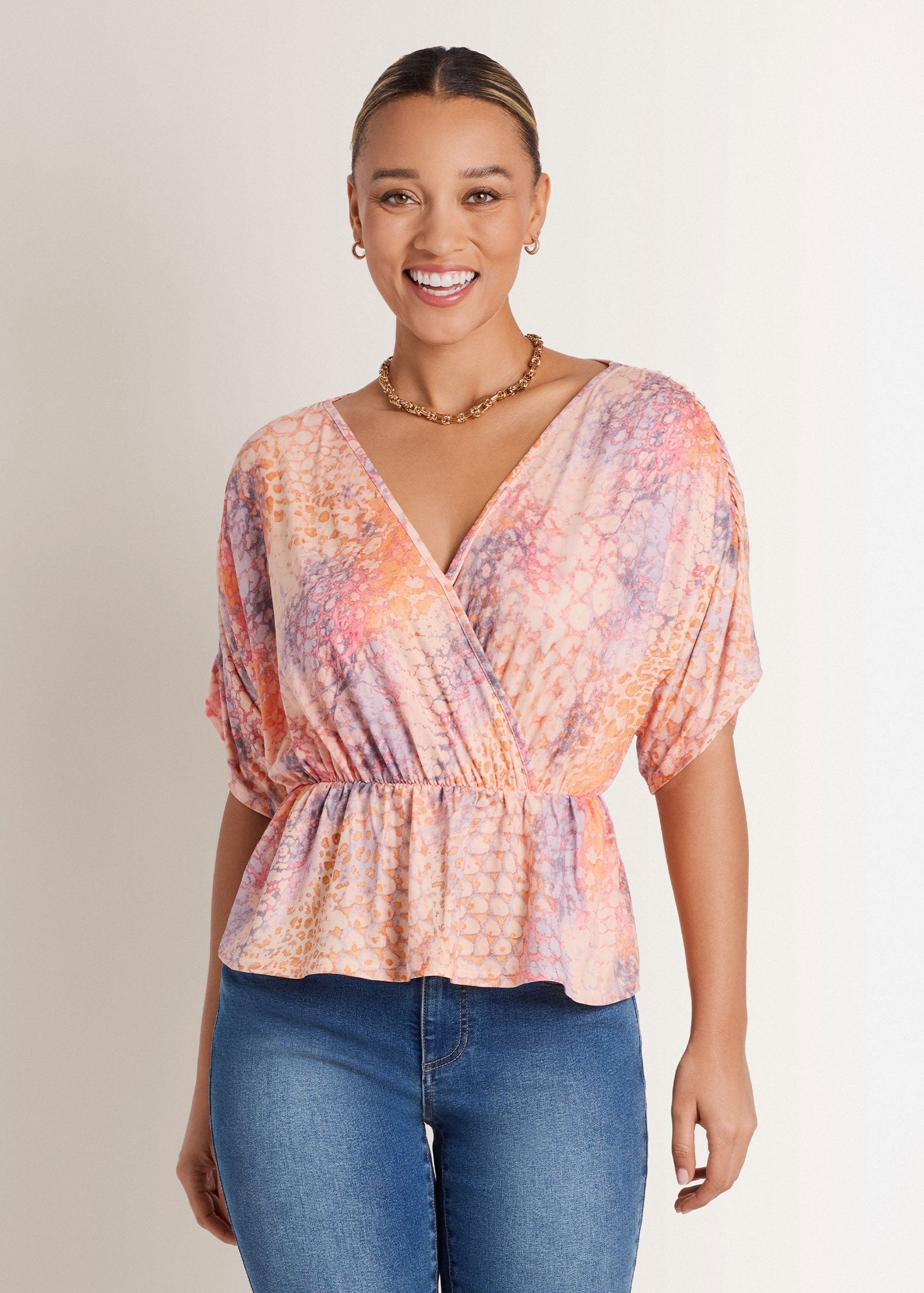 V-Neck Dolman Sleeve Top - Orange Multi