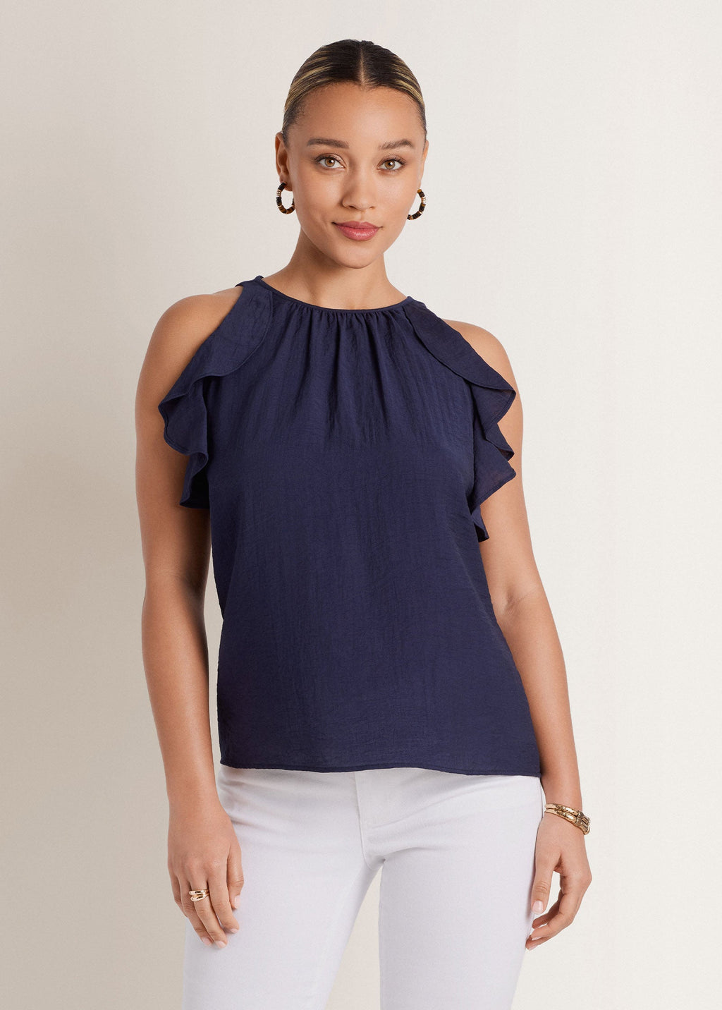 Textured Ruffle Halter Top - Navy