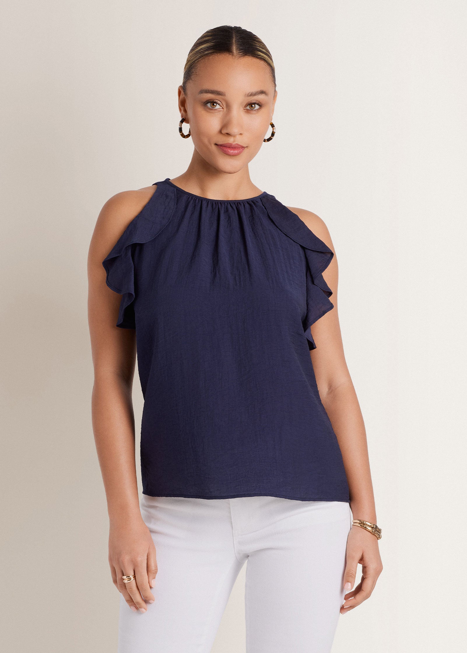 Textured Ruffle Halter Top - Navy
