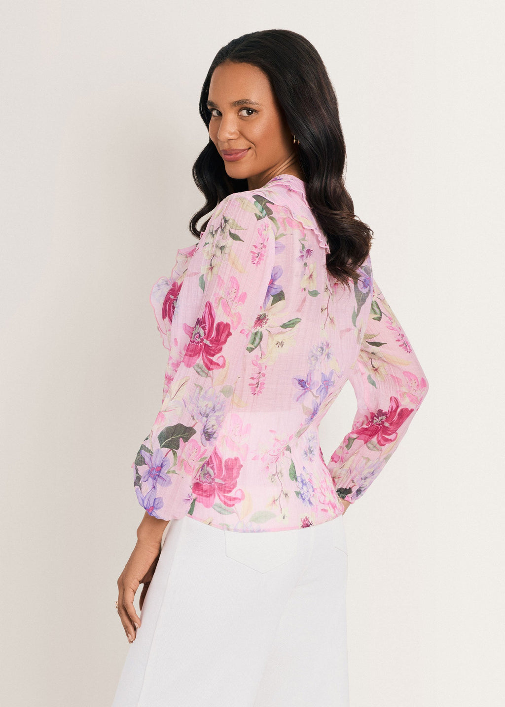 Long Sleeve Ruffle Blouse - Soft Floral