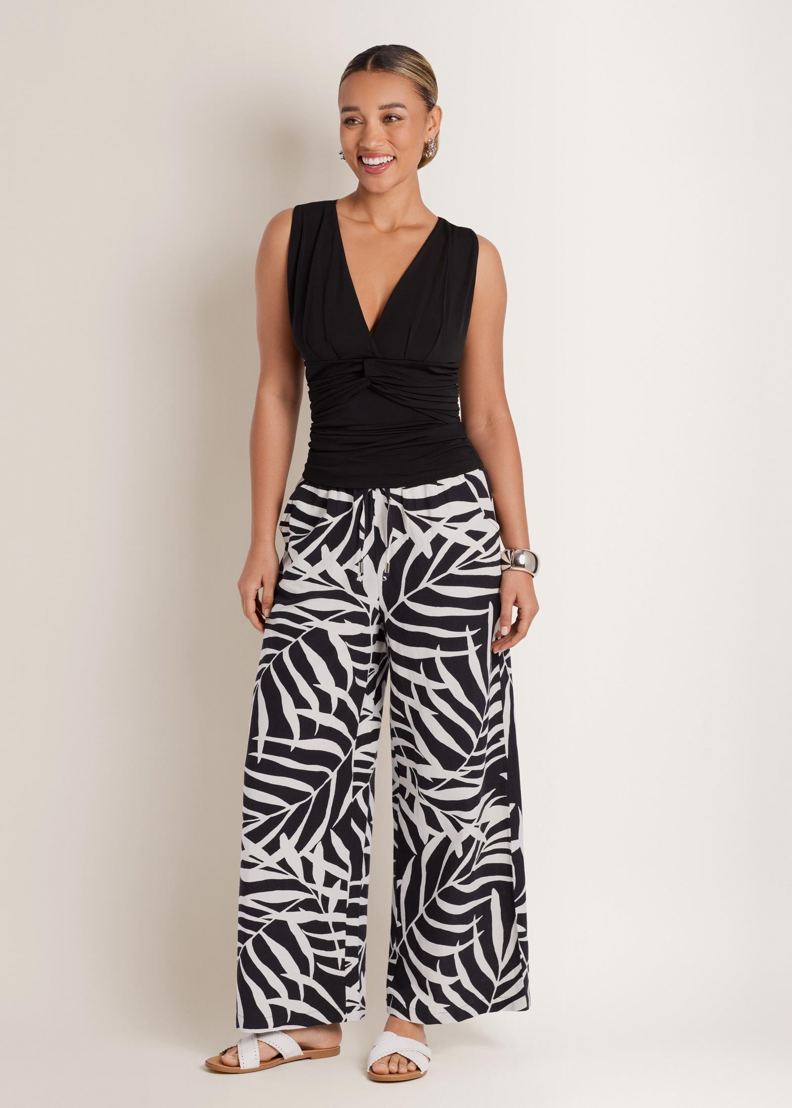 Wide Leg Linen Pant - Bicolor Palm