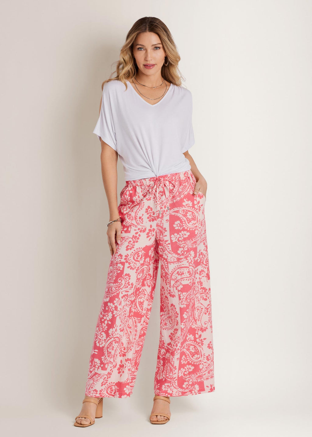 Wide Leg Linen Pant - Patched Paisley Red