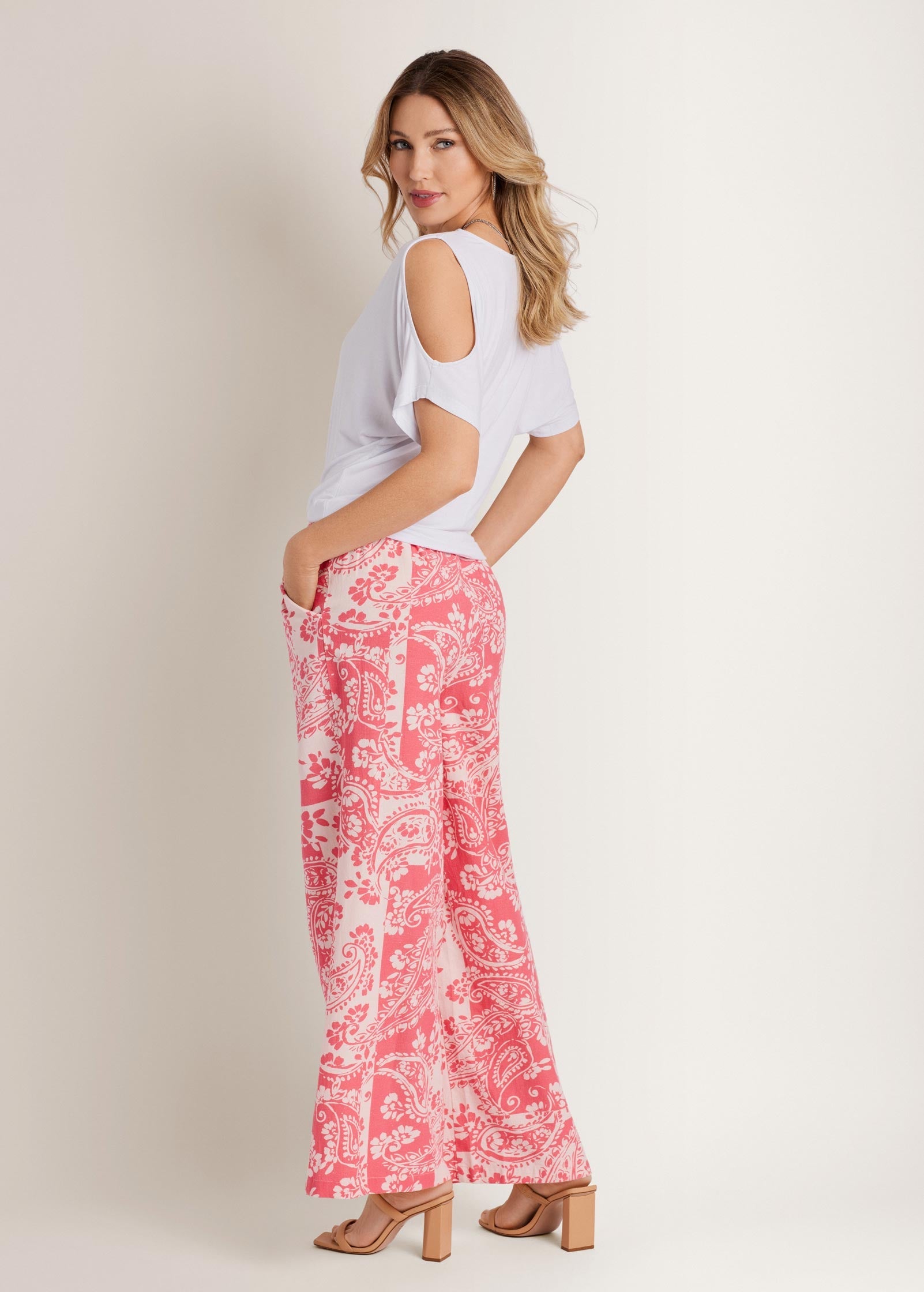 Wide Leg Linen Pant - Patched Paisley Red