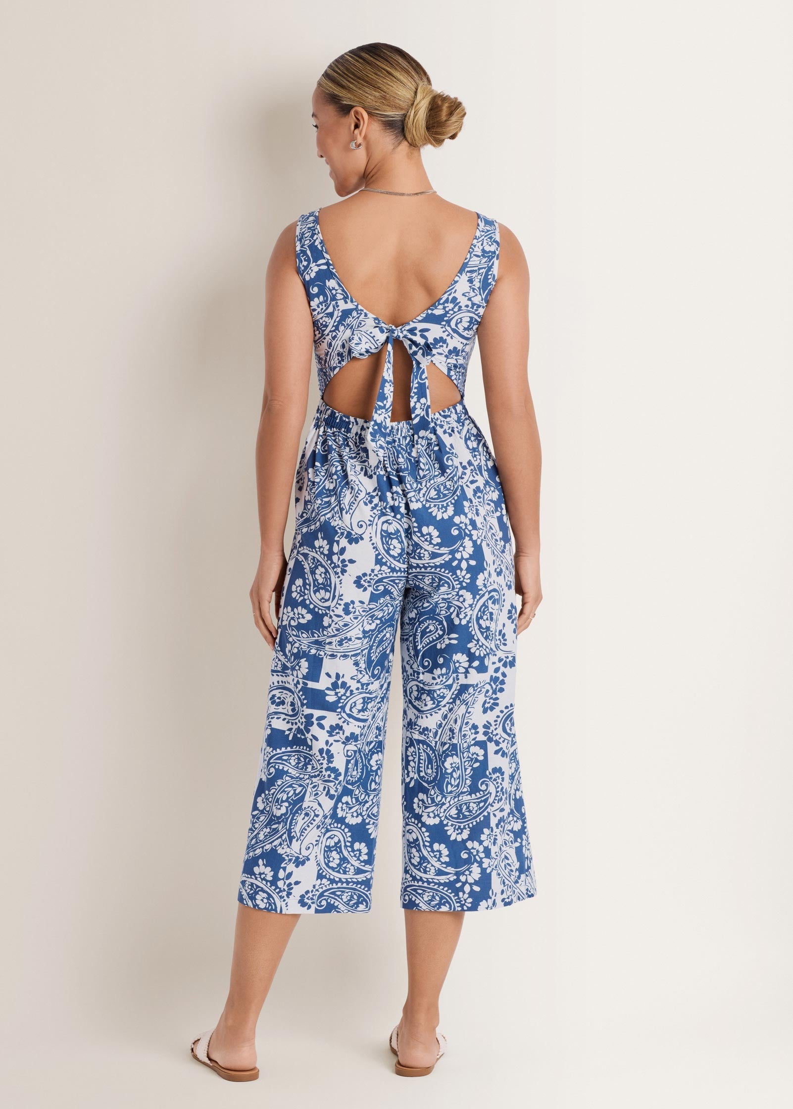 Linen Jumpsuit - Patched Paisley Blue