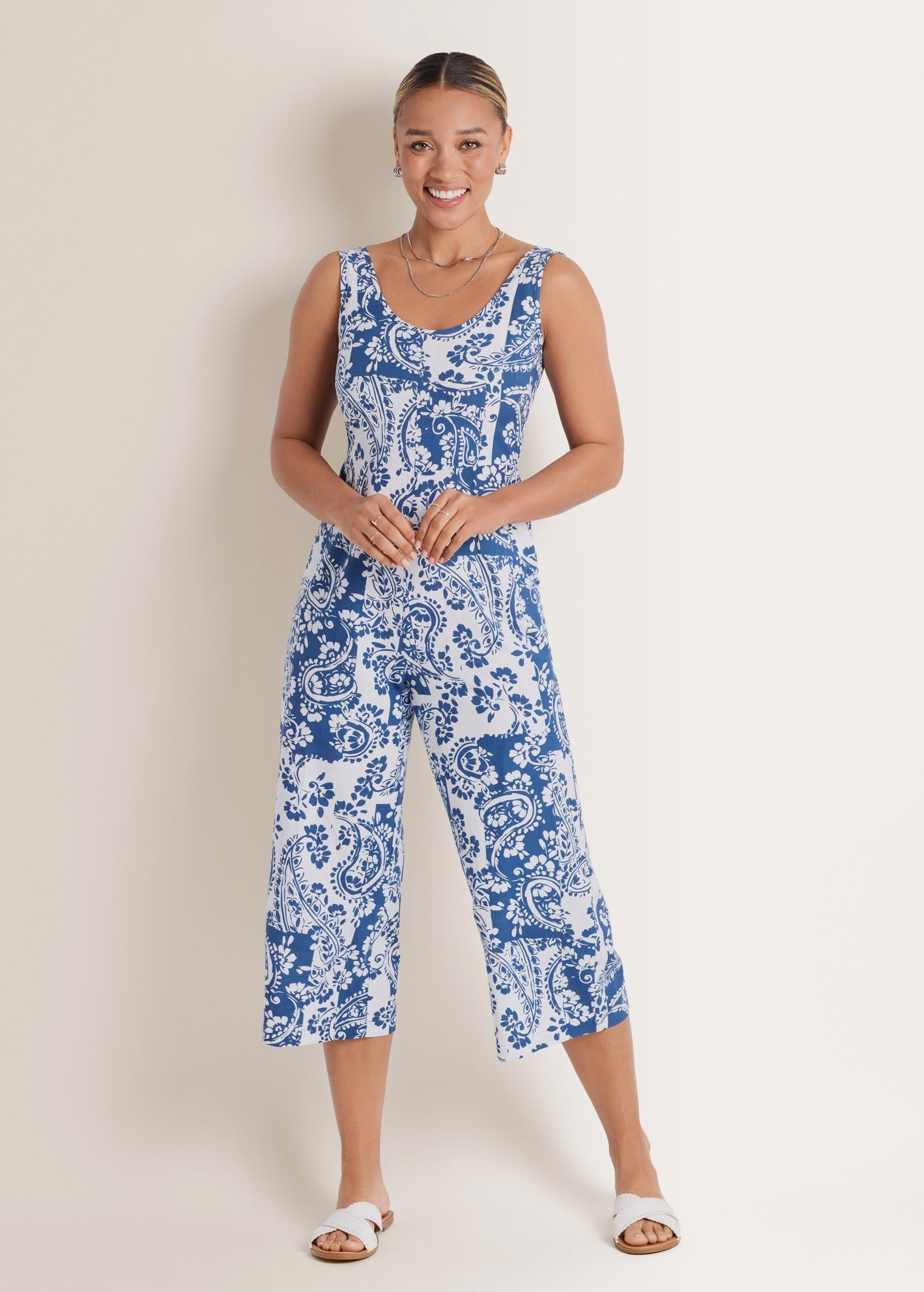 Linen Jumpsuit - Patched Paisley Blue