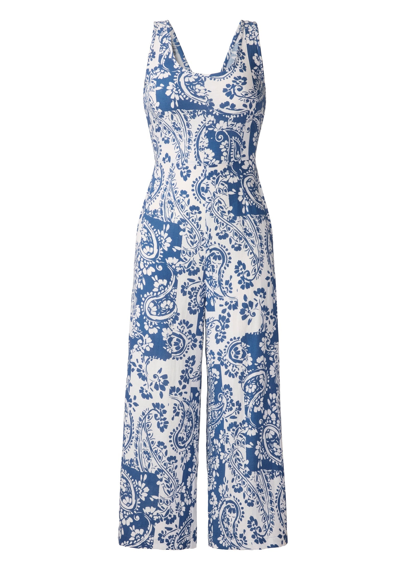 Linen Jumpsuit - Patched Paisley Blue