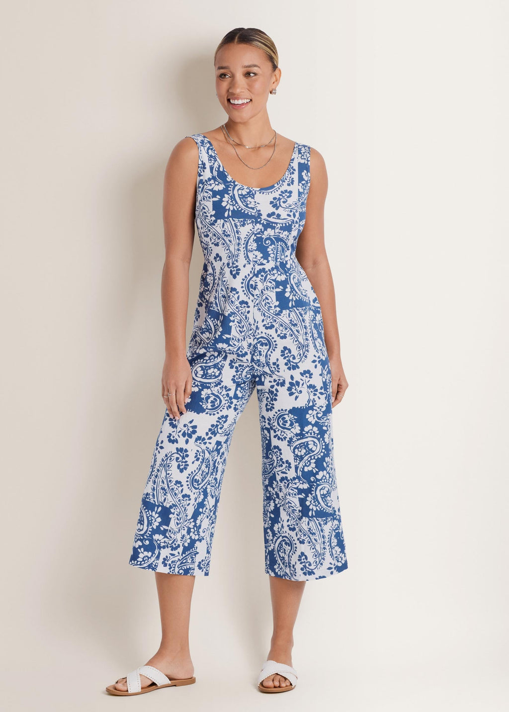 Linen Jumpsuit - Patched Paisley Blue