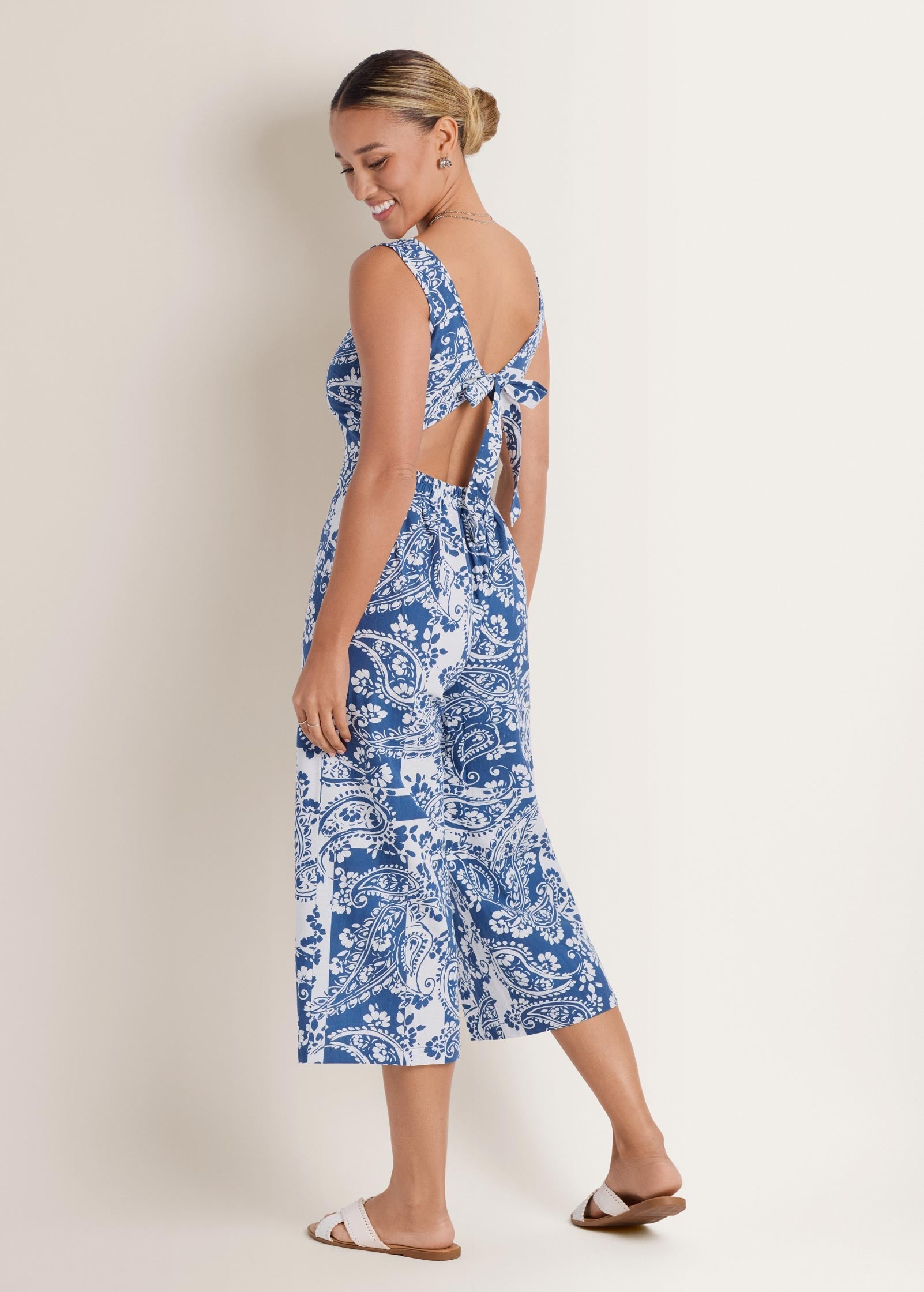 Linen Jumpsuit - Patched Paisley Blue