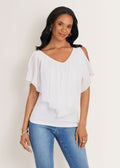 Cold Shoulder Flutter Top - Cloud Dancer