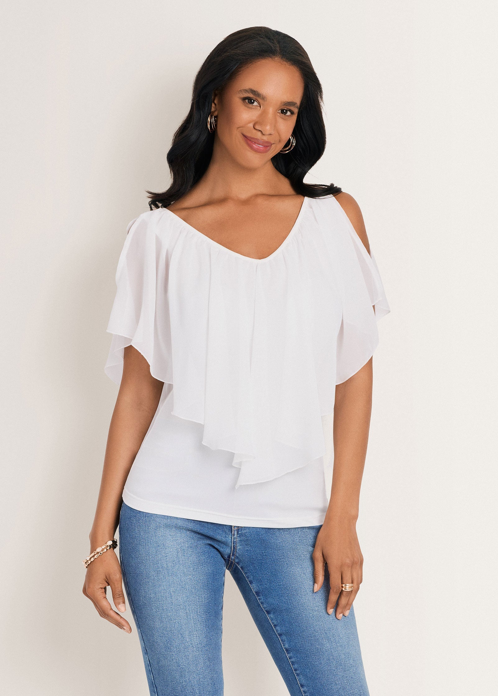Cold Shoulder Flutter Top - Cloud Dancer