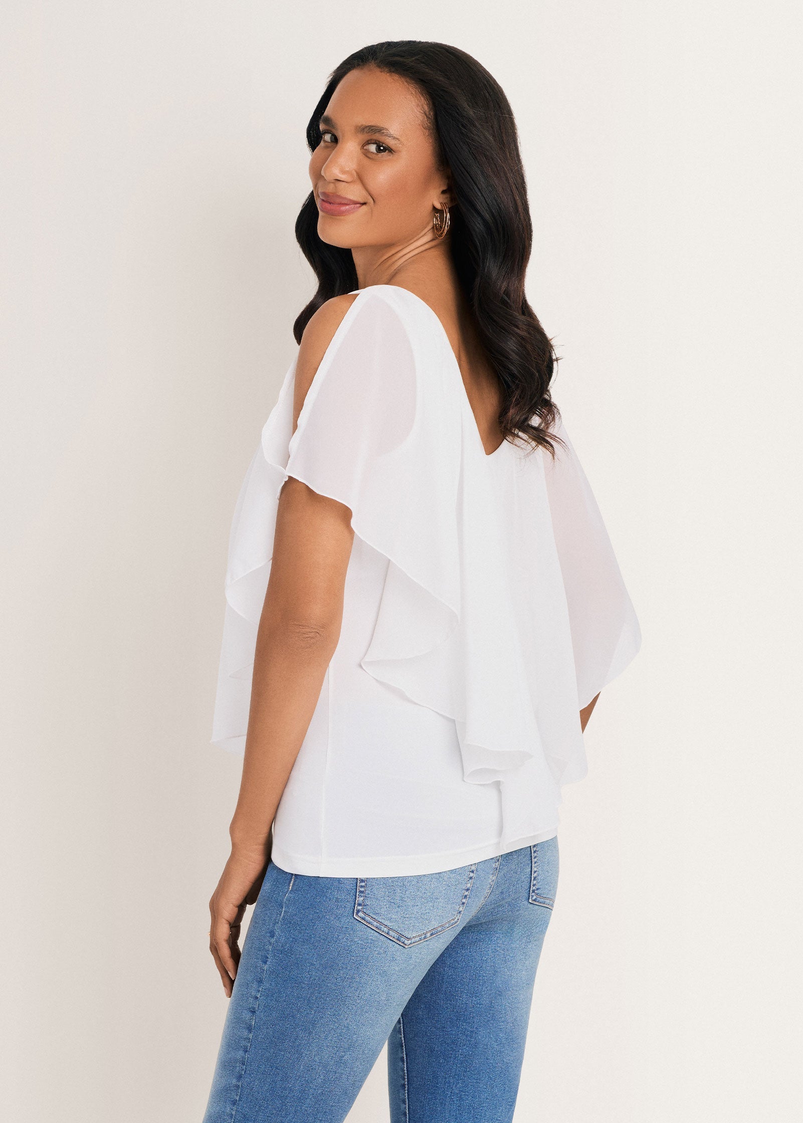 Cold Shoulder Flutter Top - Cloud Dancer