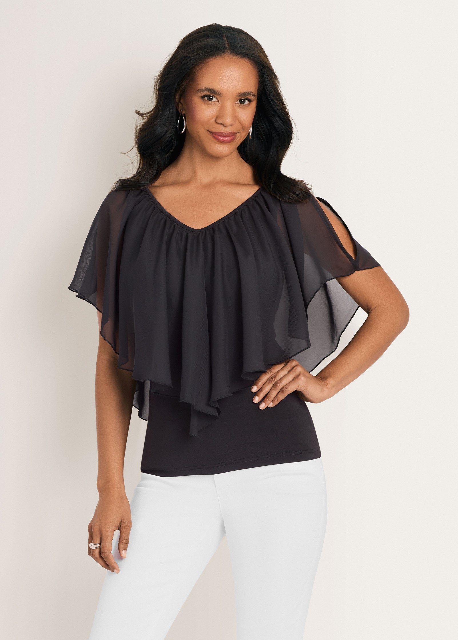 Cold Shoulder Flutter Top - Jet Black
