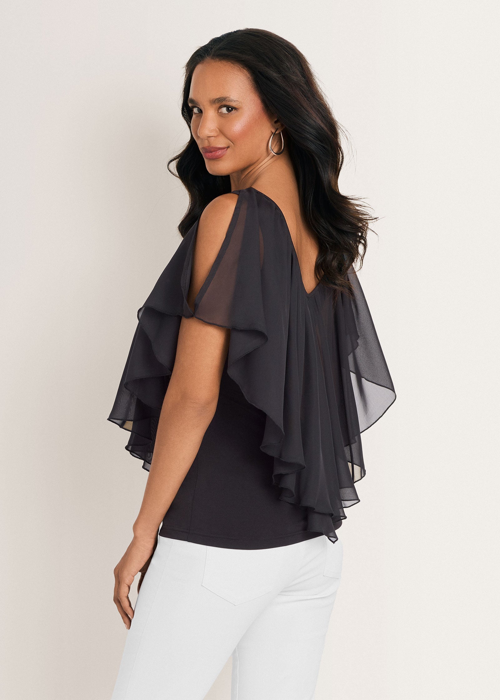 Cold Shoulder Flutter Top - Jet Black
