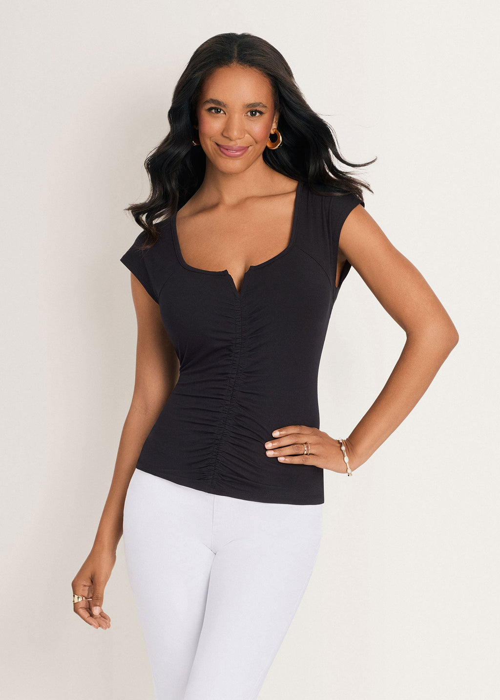Ruched Cap Sleeve Top - Jet Black
