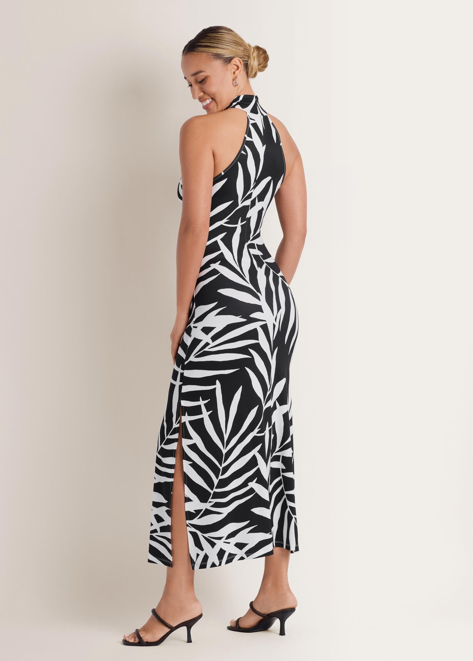 High Neck Midi Dress - Bicolor Palm