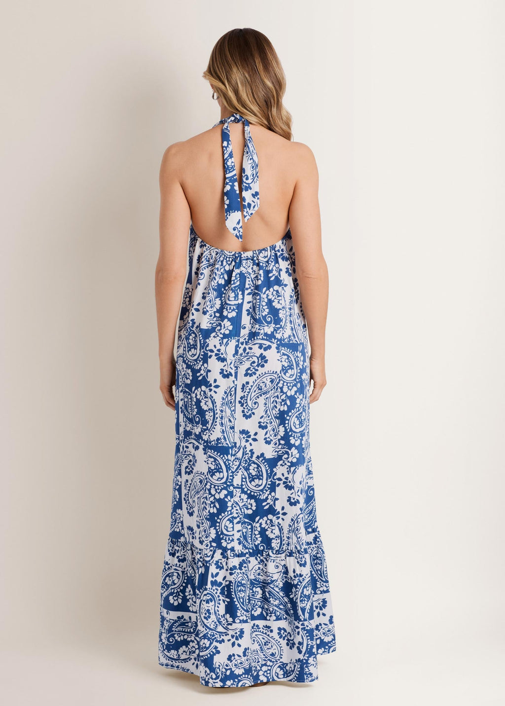 Deep V-Neck Halter Maxi Dress - Patched Paisley Blue