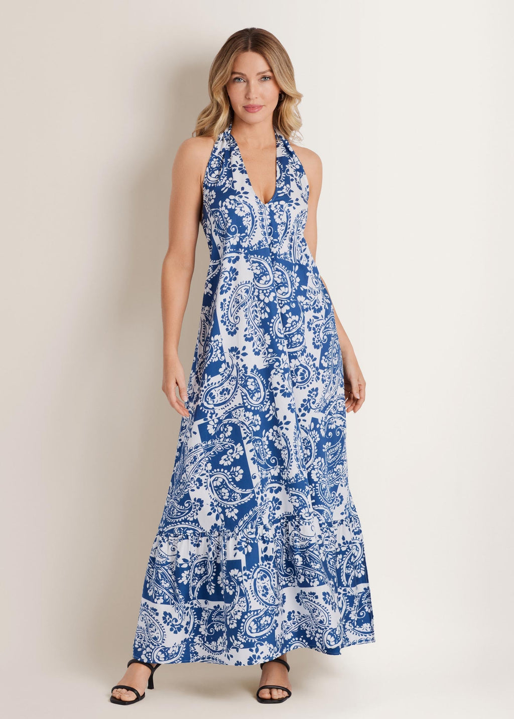 Deep V-Neck Halter Maxi Dress - Patched Paisley Blue