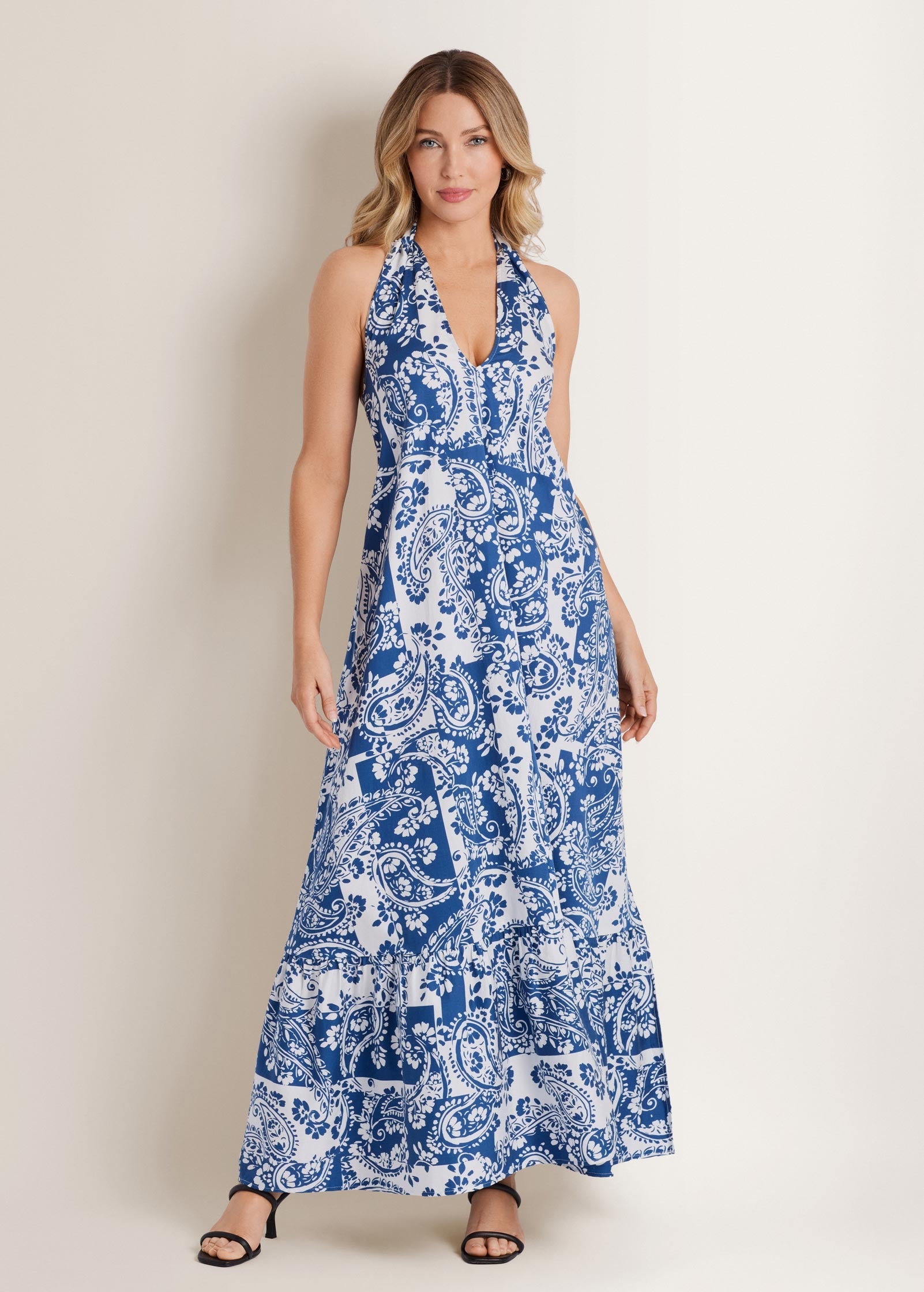 Deep V-Neck Halter Maxi Dress - Patched Paisley Blue
