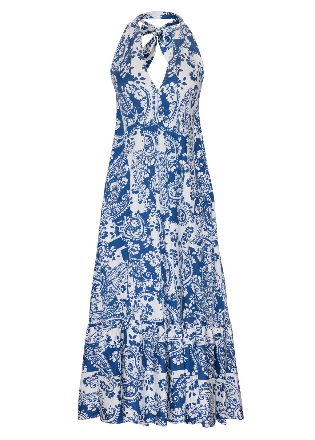 Deep V-Neck Halter Maxi Dress - Patched Paisley Blue