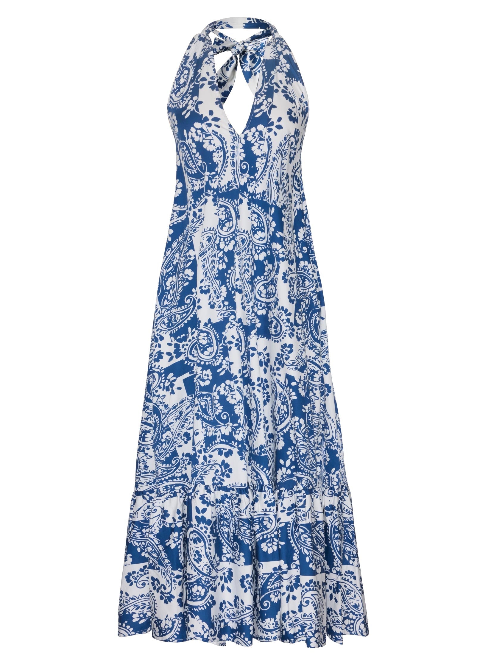 Deep V-Neck Halter Maxi Dress - Patched Paisley Blue