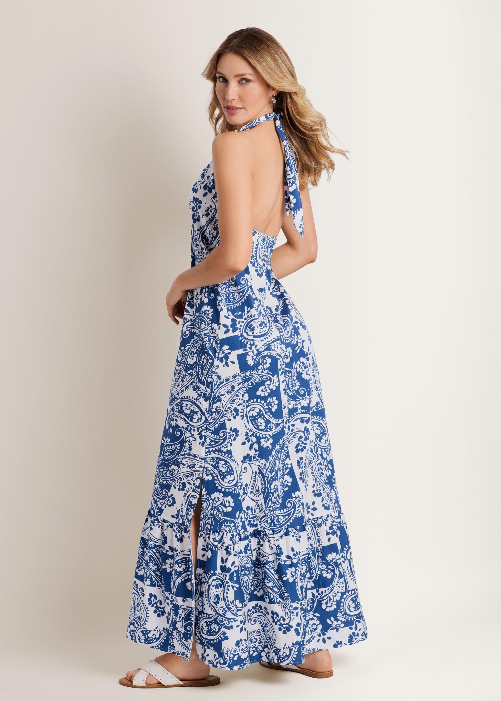 Deep V-Neck Halter Maxi Dress - Patched Paisley Blue
