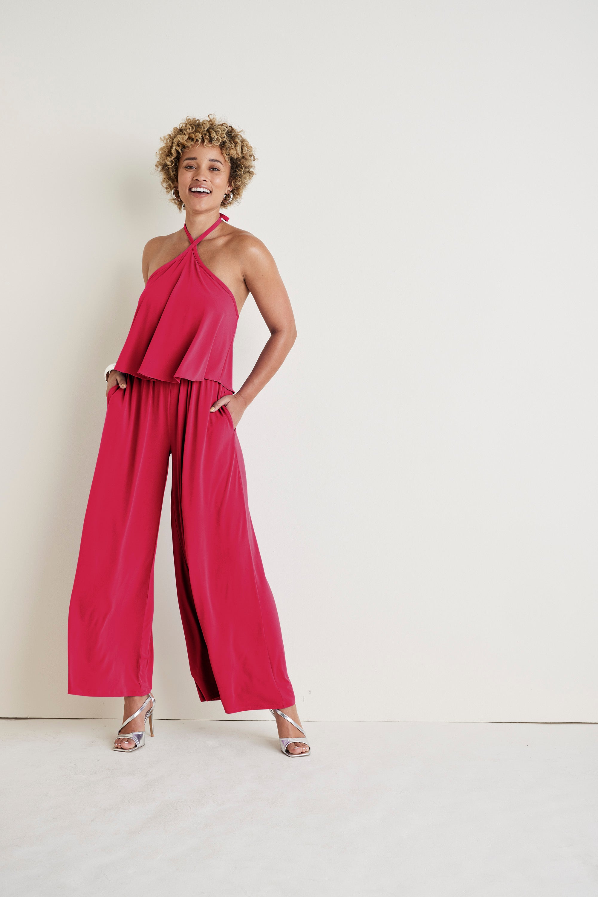 Cross Neck Jumpsuit - Red
