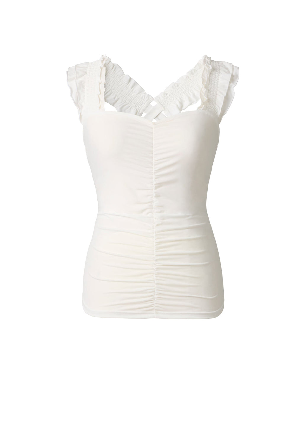 Ruched Ruffle Sleeveless Top - Cloud Dancer