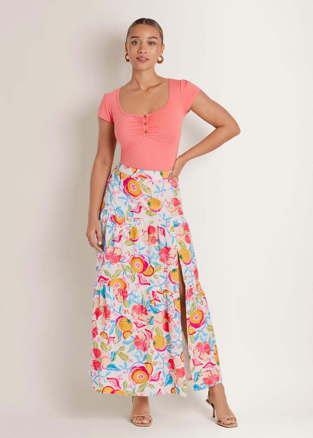 Linen High Slit Skirt - Soft Citrus Floral