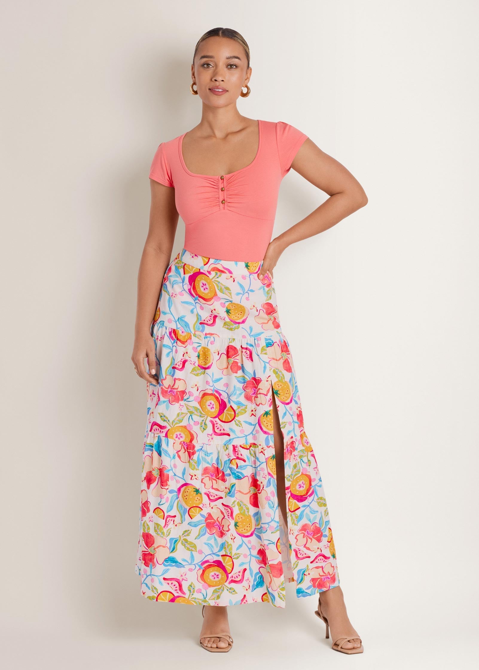 Linen High Slit Skirt - Soft Citrus Floral