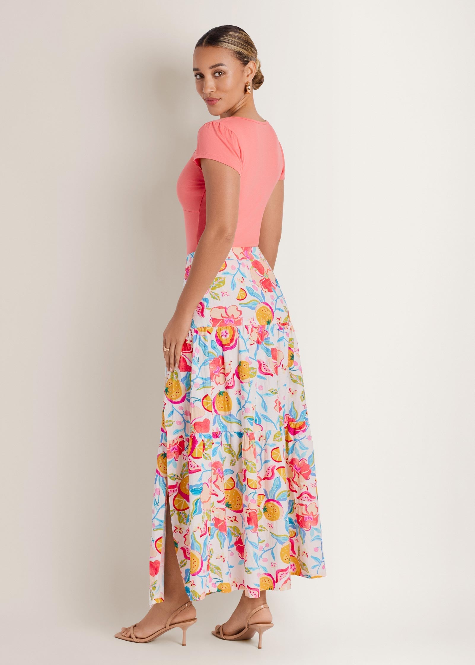 Linen High Slit Skirt - Soft Citrus Floral