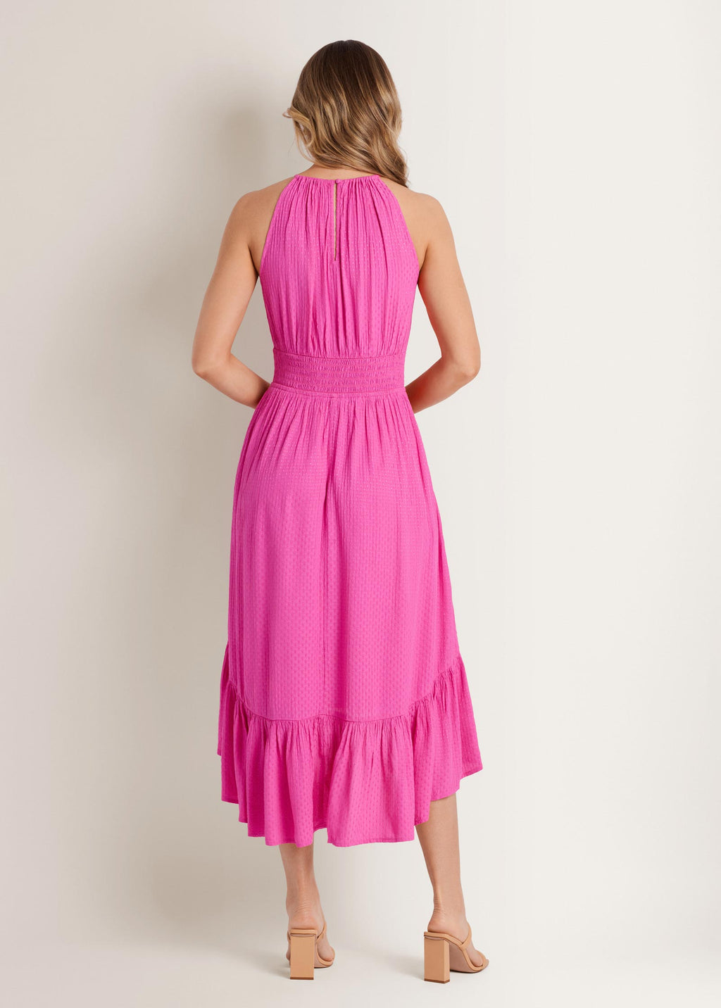 Dotted Viscose Textured Hi-Low Halter Maxi Dress - Fuchsia Fedora