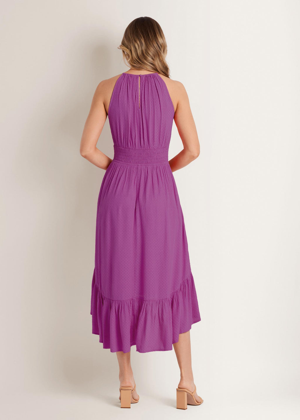 Dotted Viscose Textured Hi-Low Halter Maxi Dress - Cateleya Orchid