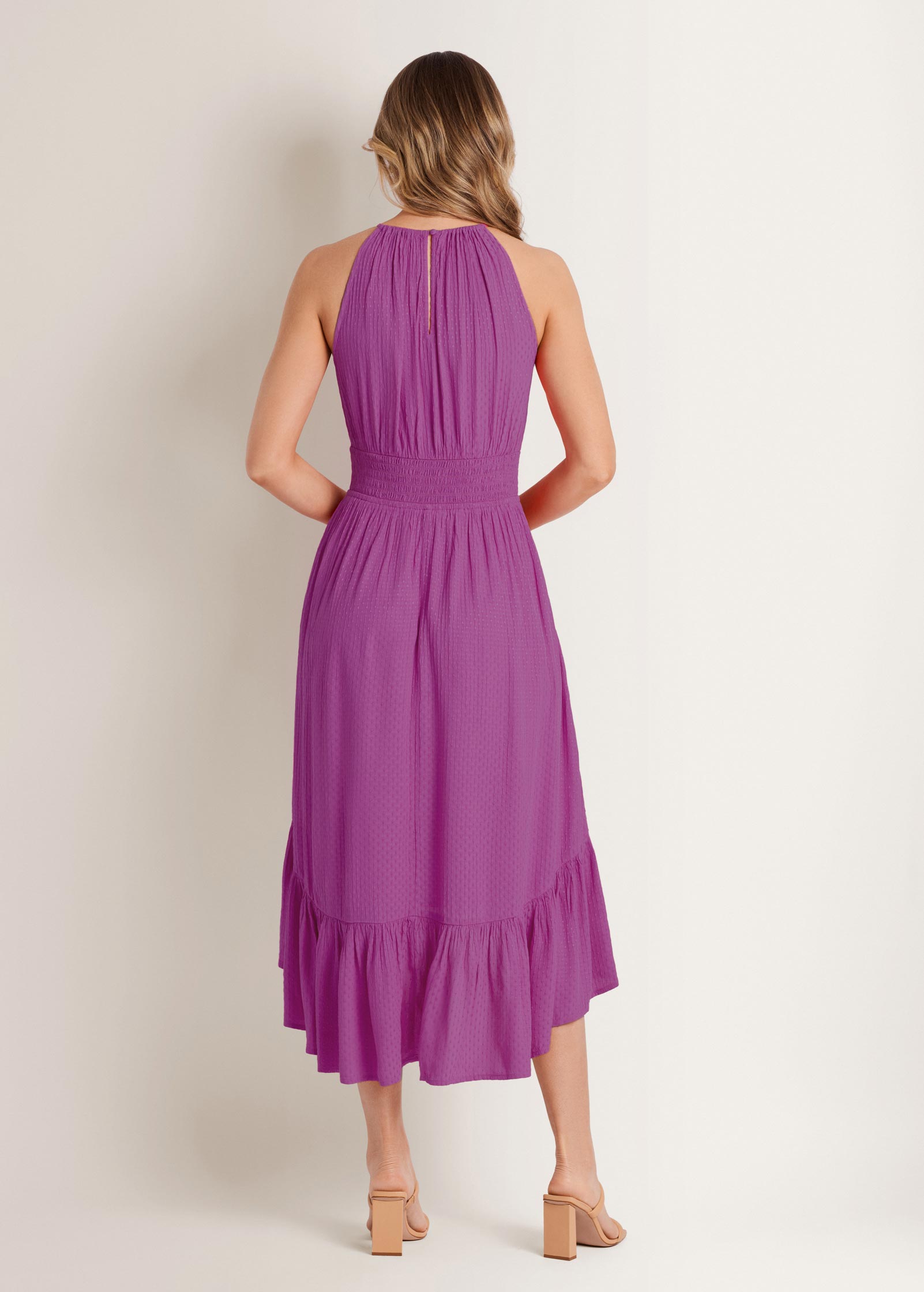 Dotted Viscose Textured Hi-Low Halter Maxi Dress - Cateleya Orchid