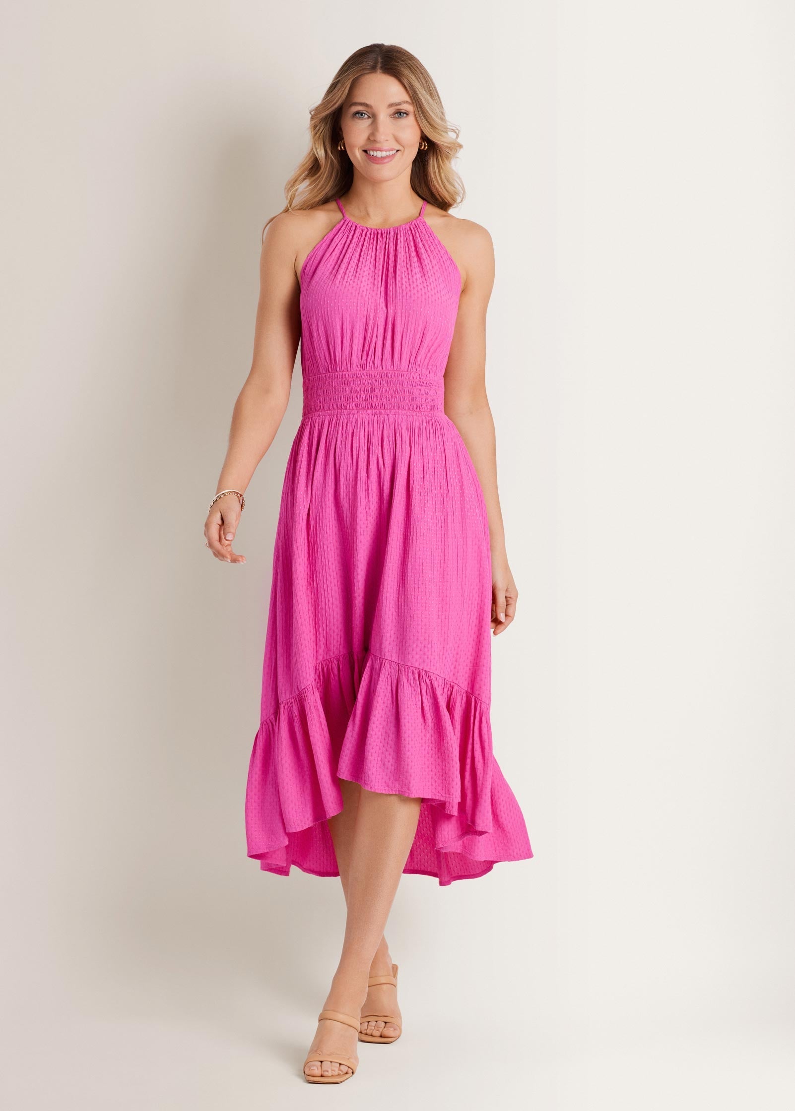 Dotted Viscose Textured Hi-Low Halter Maxi Dress - Fuchsia Fedora