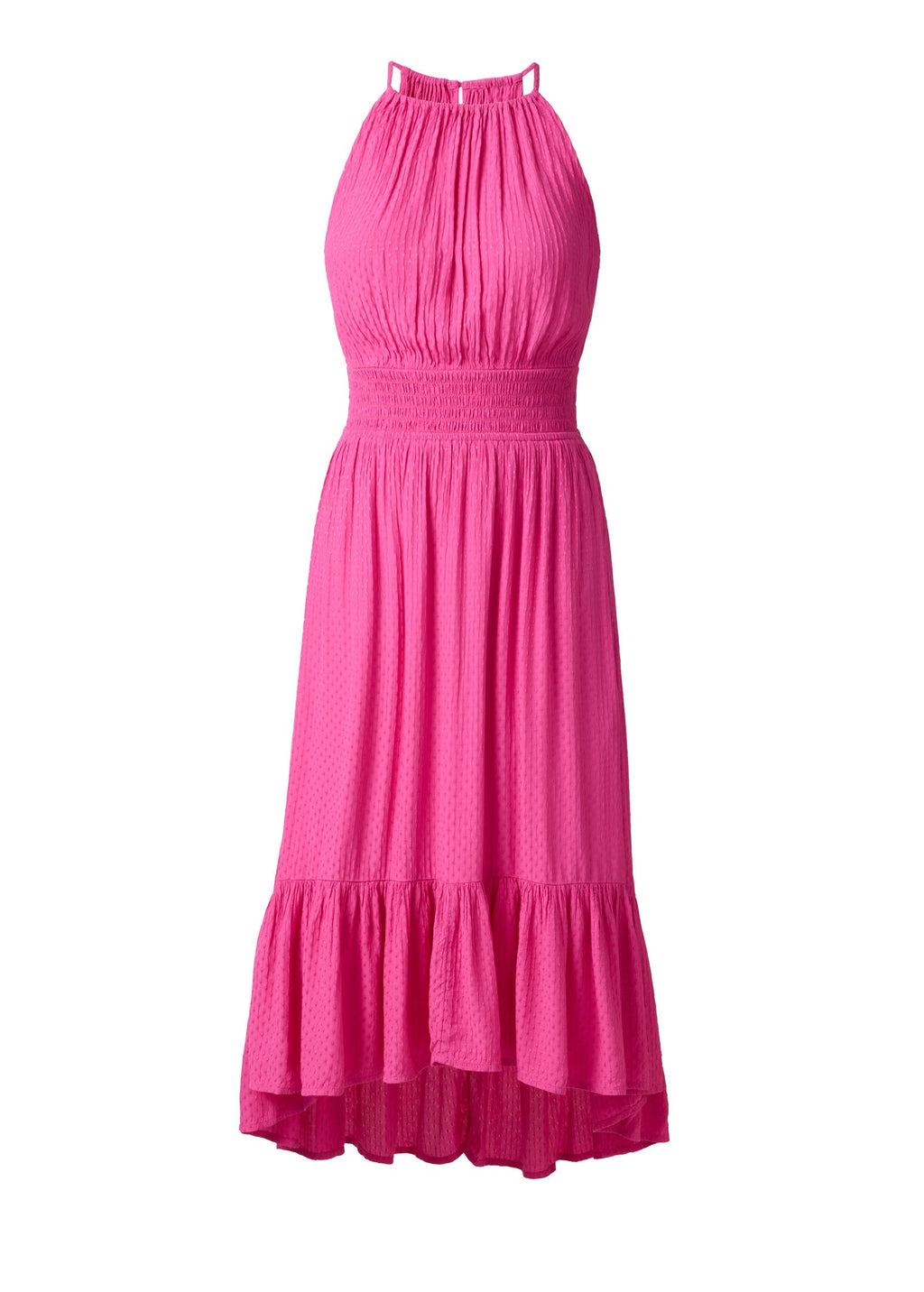 Dotted Viscose Textured Hi-Low Halter Maxi Dress - Fuchsia Fedora