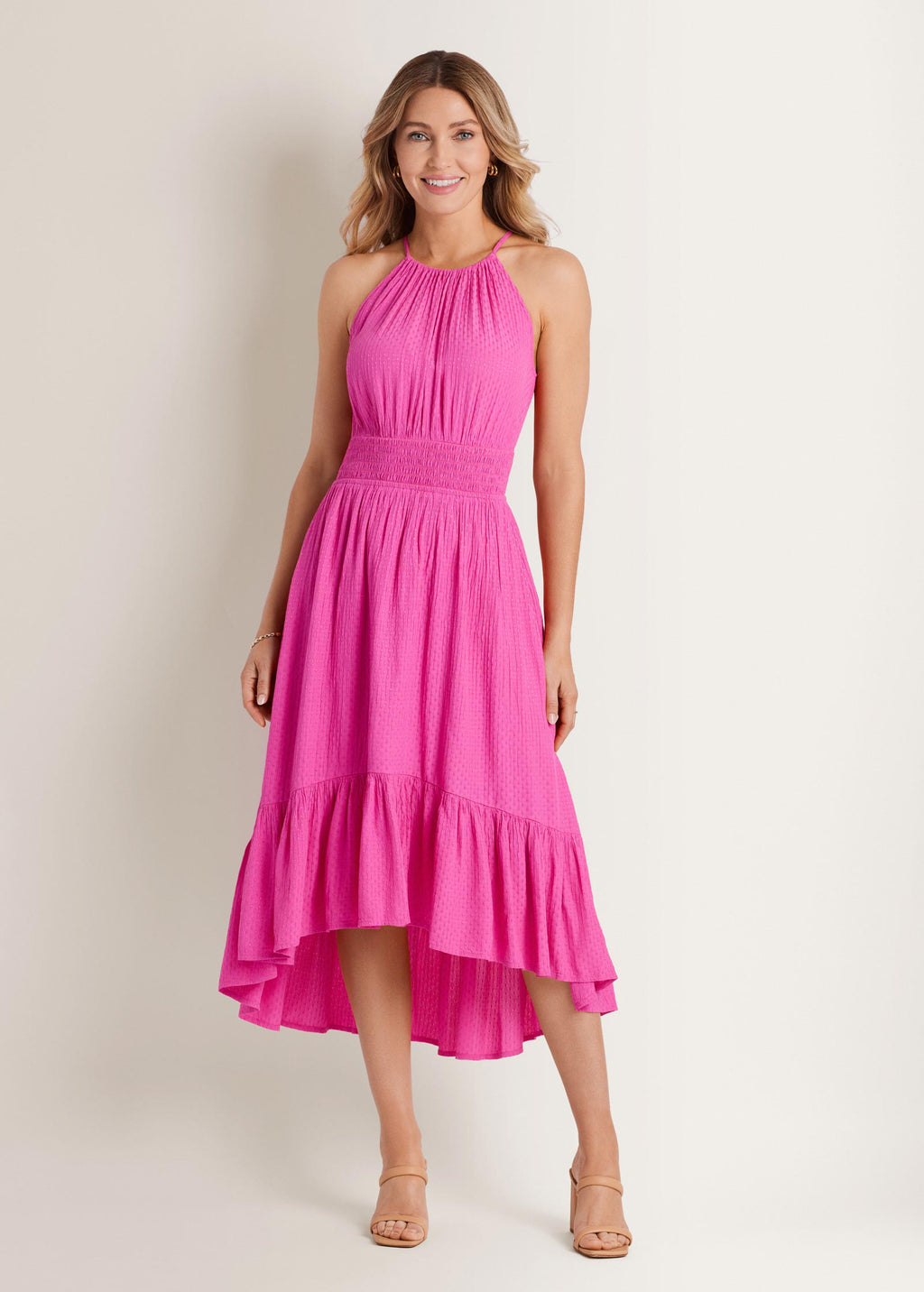 Dotted Viscose Textured Hi-Low Halter Maxi Dress - Fuchsia Fedora