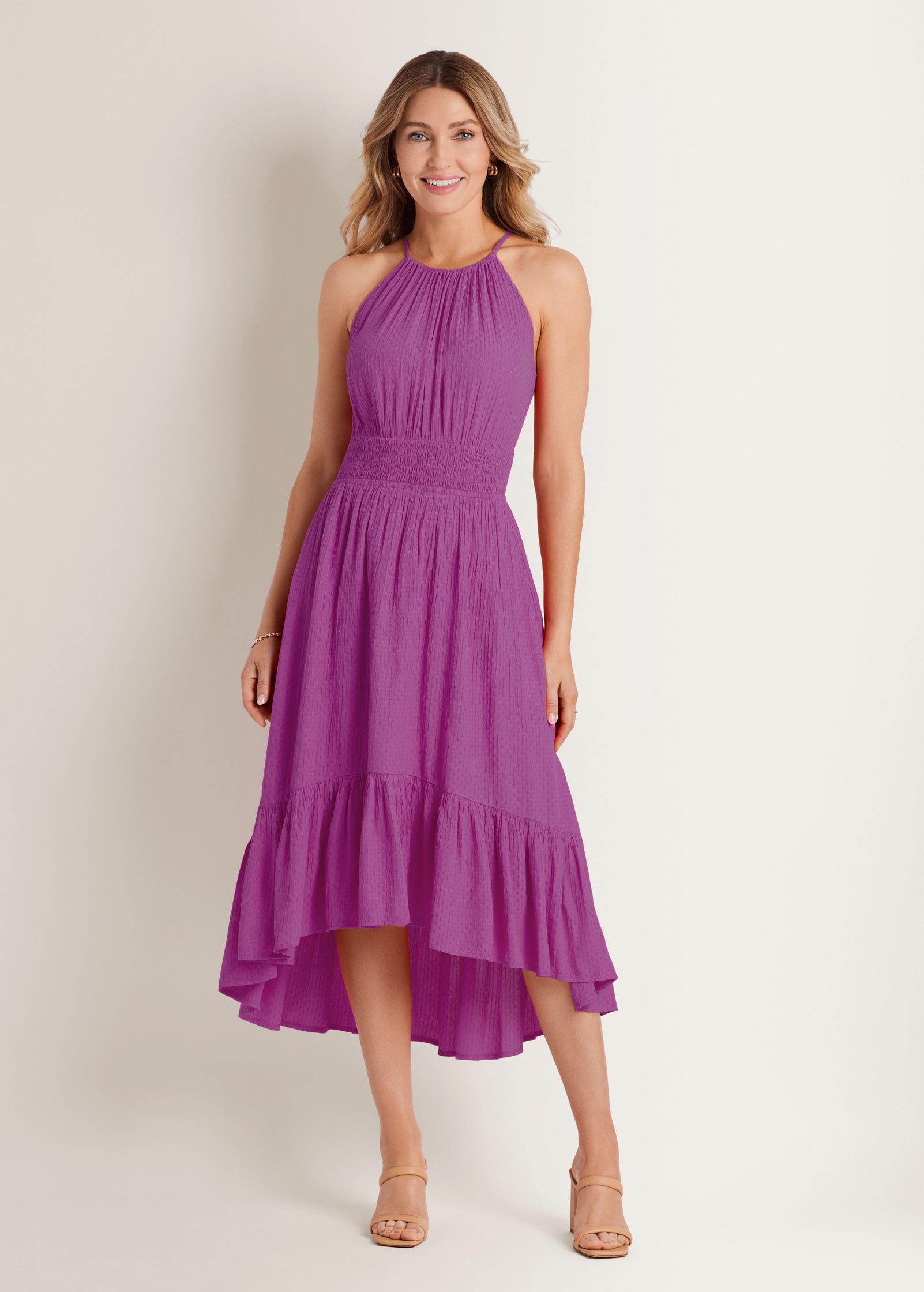 Dotted Viscose Textured Hi-Low Halter Maxi Dress - Cateleya Orchid
