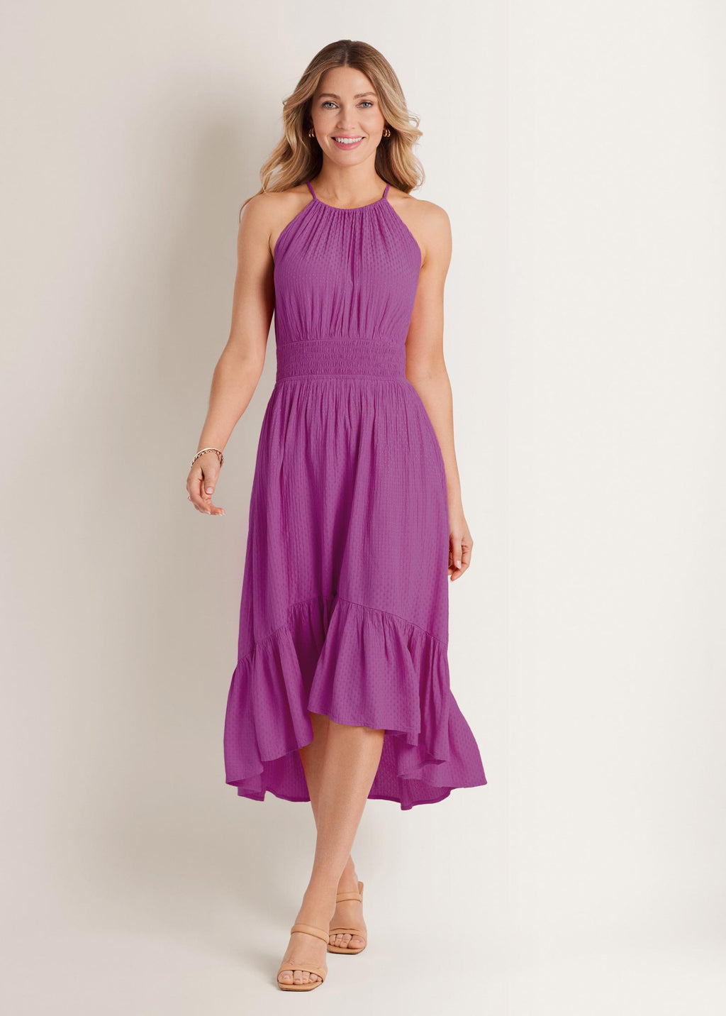 Dotted Viscose Textured Hi-Low Halter Maxi Dress - Cateleya Orchid